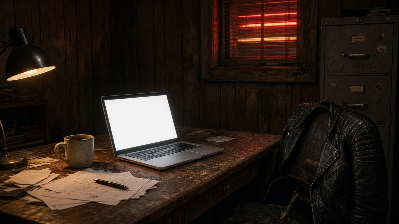 A laptop glowing on a desk in the back office of a biker bar
