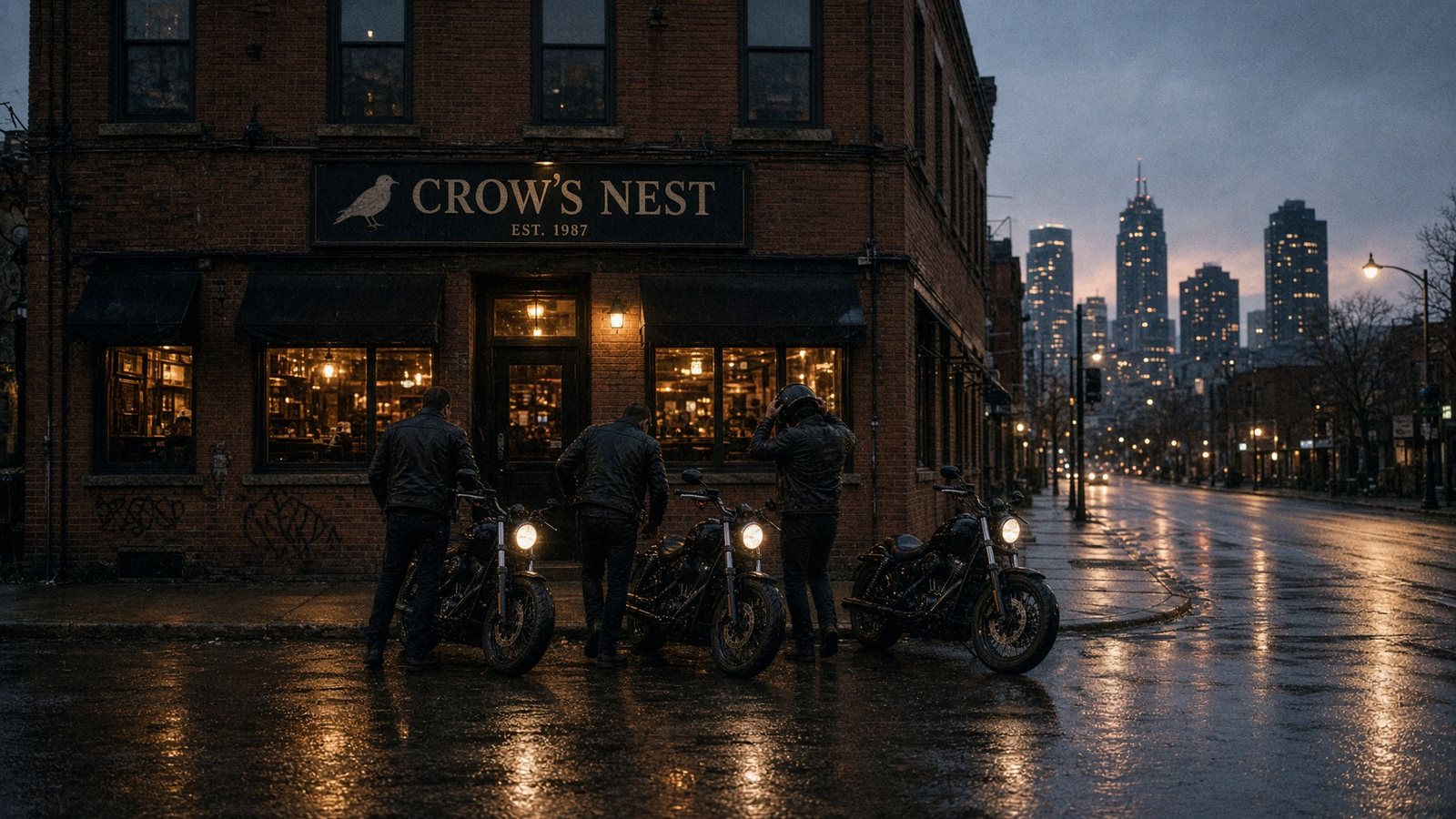 Motorcycles outside the Crow's Nest at dusk